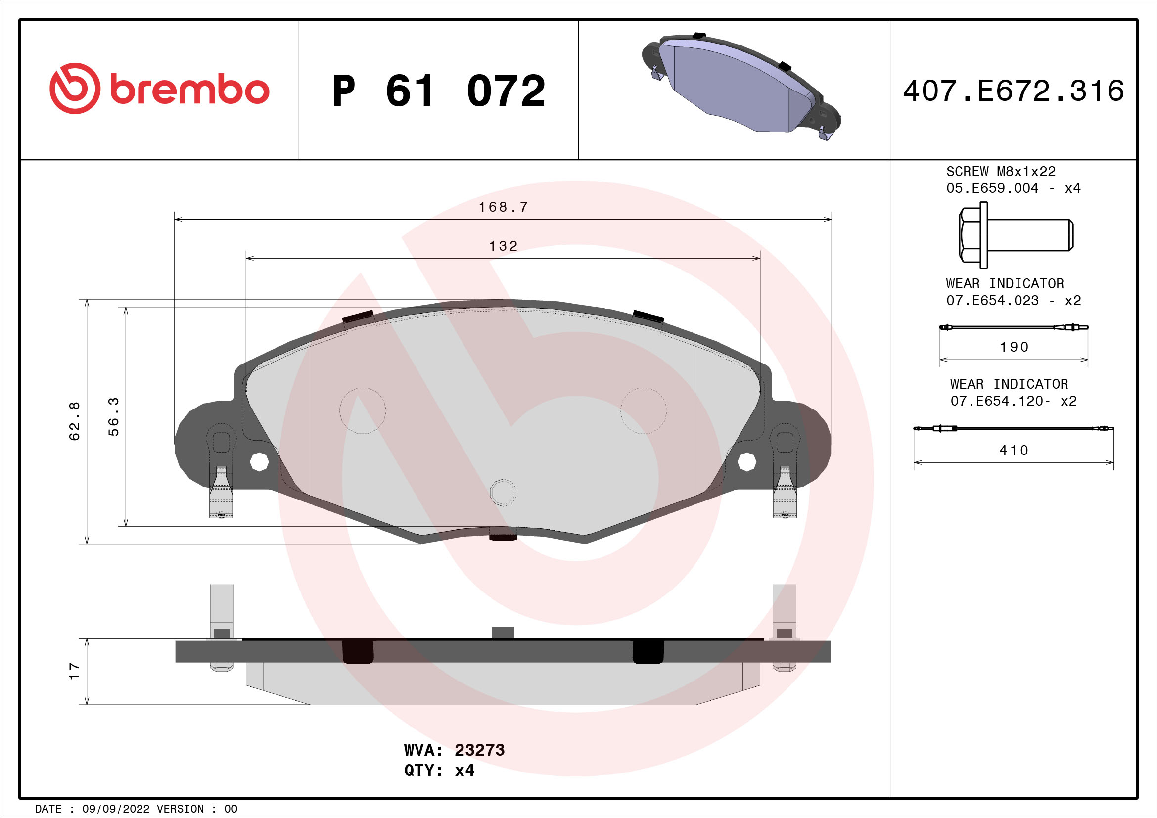 A.B.S. P 61 072 BREMBO Bremsbelagsatz, Scheibenbremse